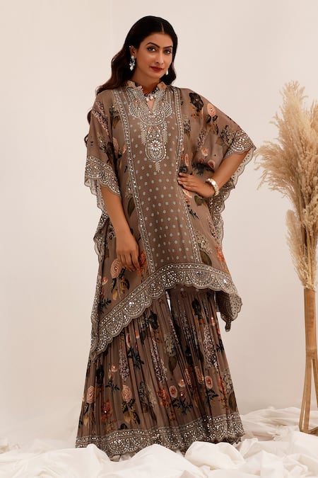 Surkh Syahi Gray Chinon Mirrors Round Neck Aaina Asymmetric Kaftan Gharara Set 