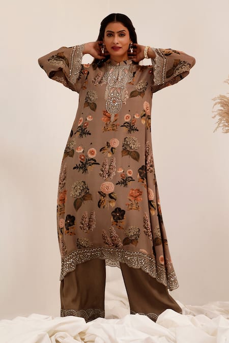 Buy_Surkh Syahi_Gray Chinon Mirrors Round Neck Aaina A-line Kurta Set _Online_at_Aza_Fashions