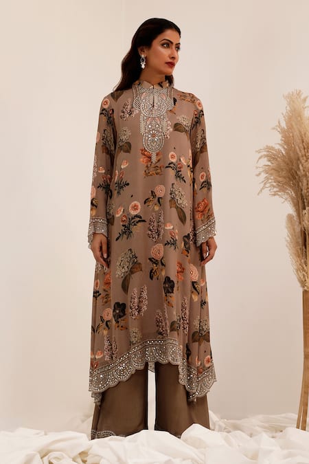 Shop_Surkh Syahi_Gray Chinon Mirrors Round Neck Aaina A-line Kurta Set _Online_at_Aza_Fashions