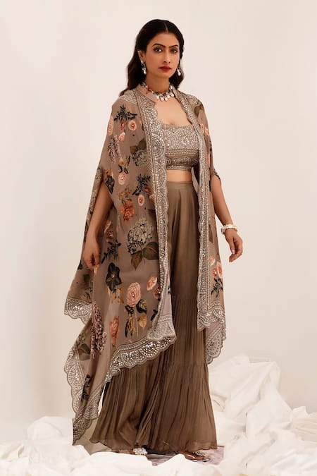 Buy_Surkh Syahi_Gray Chinon Mirrors Open , Round Aaina Cape Set _Online_at_Aza_Fashions