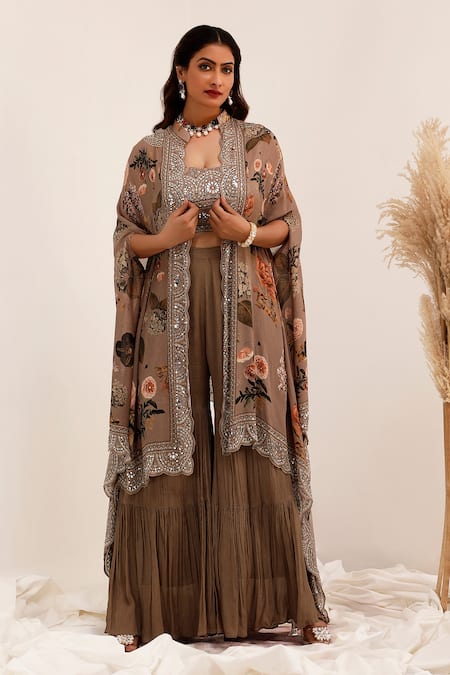 Surkh Syahi_Gray Chinon Mirrors Open , Round Aaina Cape Set _at_Aza_Fashions