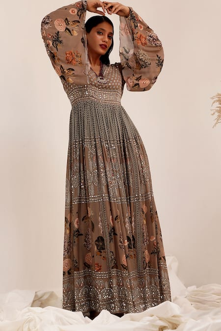 Buy_Surkh Syahi_Gray Chinon Mirrors V-neck Aaina Anarkali _Online_at_Aza_Fashions