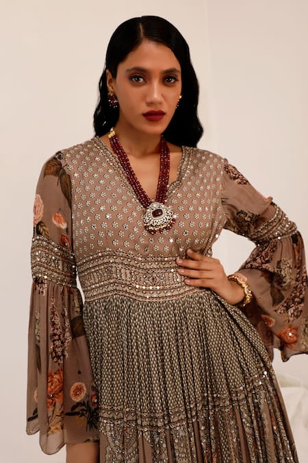 Shop_Surkh Syahi_Gray Chinon Mirrors V-neck Aaina Anarkali _Online_at_Aza_Fashions