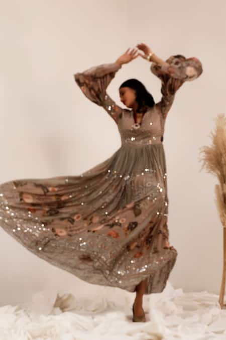 Surkh Syahi_Gray Chinon Mirrors V-neck Aaina Anarkali _at_Aza_Fashions