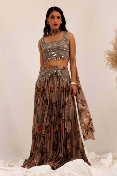 Surkh Syahi_Gray Chinon Mirrors Square Neck Aaina Printed Lehenga Set _Online_at_Aza_Fashions