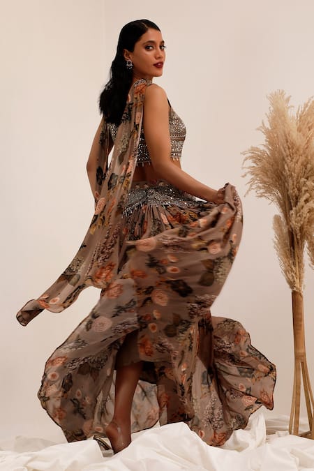 Buy_Surkh Syahi_Gray Chinon Mirrors Square Neck Aaina Printed Lehenga Set _Online_at_Aza_Fashions