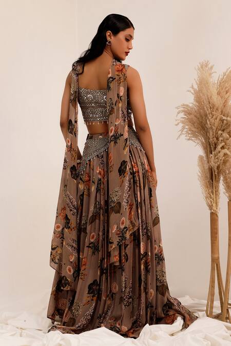 Shop_Surkh Syahi_Gray Chinon Mirrors Square Neck Aaina Printed Lehenga Set _Online_at_Aza_Fashions