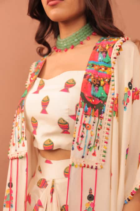 Surkh Syahi_Off White Cotton, Muslin Beads, Embroidery Round Albeli Cape And Draped Skirt Set _Online_at_Aza_Fashions