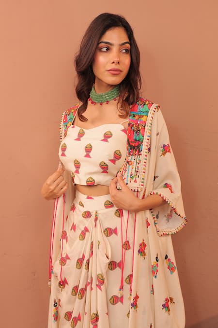 Buy_Surkh Syahi_Off White Cotton, Muslin Beads, Embroidery Round Albeli Cape And Draped Skirt Set _Online_at_Aza_Fashions