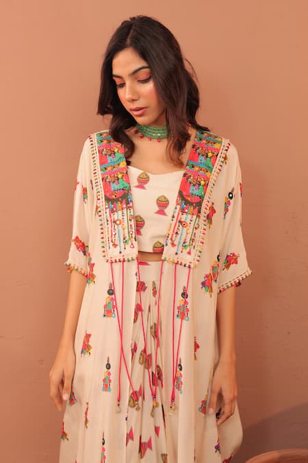 Shop_Surkh Syahi_Off White Cotton, Muslin Beads, Embroidery Round Albeli Cape And Draped Skirt Set _Online_at_Aza_Fashions