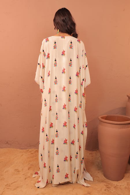Shop_Surkh Syahi_Off White Cotton, Muslin Beads, Embroidery Round Albeli Cape And Draped Skirt Set _at_Aza_Fashions