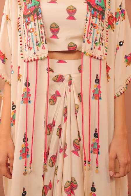 Surkh Syahi_Off White Cotton, Muslin Beads, Embroidery Round Albeli Cape And Draped Skirt Set _at_Aza_Fashions