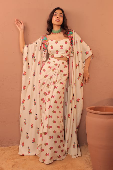 Buy_Surkh Syahi_Off White Cotton, Muslin Beads, Embroidery Round Albeli Cape And Draped Skirt Set 