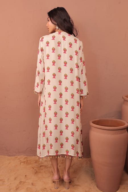 Shop_Surkh Syahi_Off White Cotton, Muslin Tassels, Embroidery Scoop Albeli Fish Pattern Dress _at_Aza_Fashions