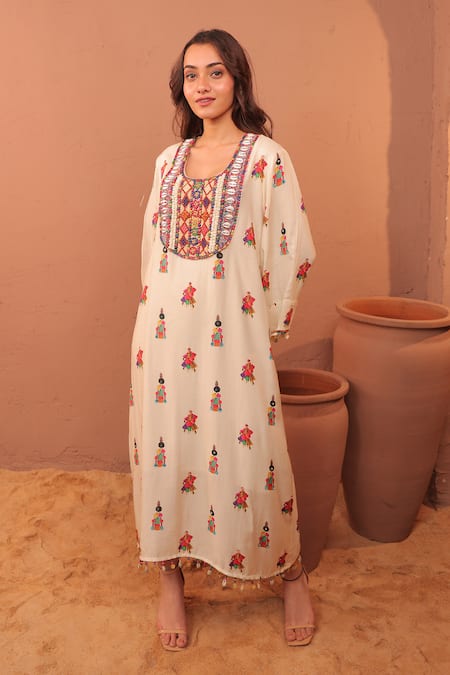 Surkh Syahi_Off White Cotton, Muslin Beads, Sequins Round Neck Albeli Tassel Bordered Dress _Online_at_Aza_Fashions