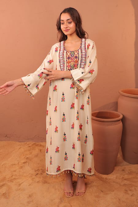 Surkh Syahi Off White Cotton, Muslin Beads, Sequins Round Neck Albeli Tassel Bordered Dress 