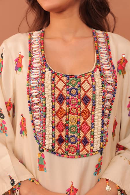 Surkh Syahi_Off White Cotton, Muslin Beads, Sequins Round Neck Albeli Tassel Bordered Dress _at_Aza_Fashions