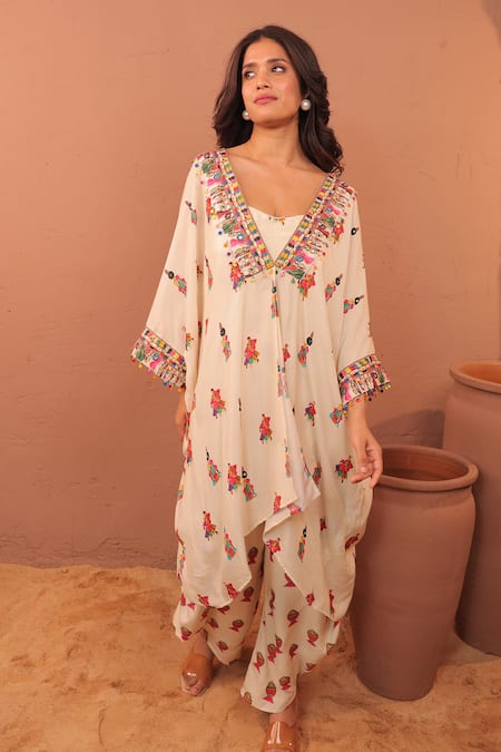 Shop_Surkh Syahi_Off White Cotton, Muslin Pom-poms, Embroidery Albeli Jacket And Dhoti Pant Set _Online_at_Aza_Fashions