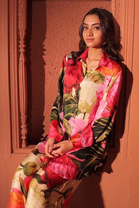 Buy_Surkh Syahi_Pink Cotton, Silk Collared Bageecha Co-ord Pant Set 