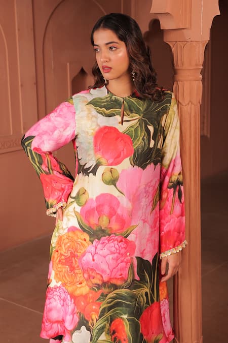 Shop_Surkh Syahi_Pink Cotton Round Neck Bageecha A-line Kurta Set _Online_at_Aza_Fashions
