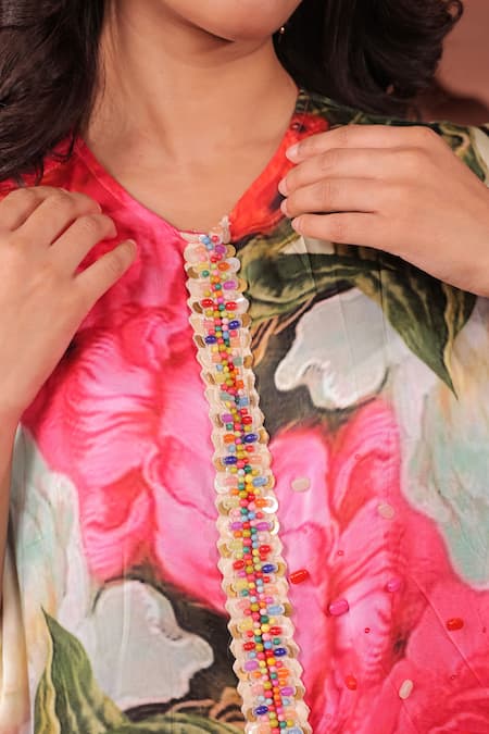 Buy_Surkh Syahi_Pink Silk, Cotton Round Neck Bageecha Asymmetric Cape Set _Online_at_Aza_Fashions