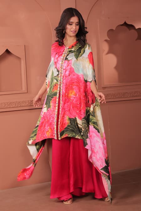 Surkh Syahi_Pink Silk, Cotton Round Neck Bageecha Asymmetric Cape Set _at_Aza_Fashions