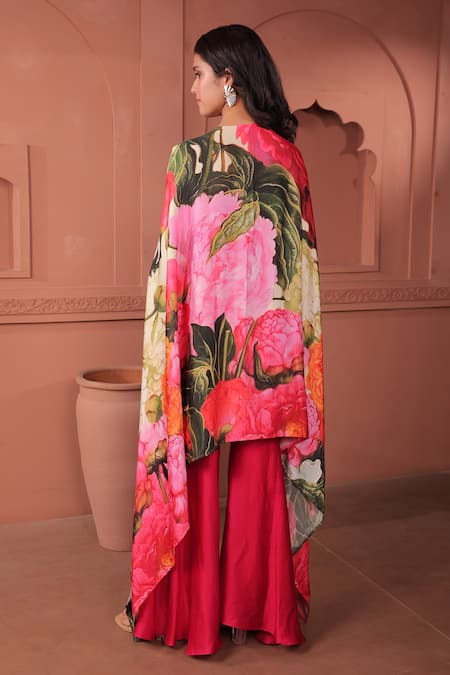 Shop_Surkh Syahi_Pink Silk, Cotton Round Neck Bageecha Asymmetric Cape Set _at_Aza_Fashions