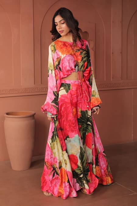 Surkh Syahi_Pink Cotton, Silk Beads Round Neck Bageecha Slouch Crop Top With Pant _Online_at_Aza_Fashions