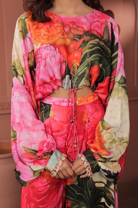 Buy_Surkh Syahi_Pink Cotton, Silk Beads Round Neck Bageecha Slouch Crop Top With Pant _Online_at_Aza_Fashions