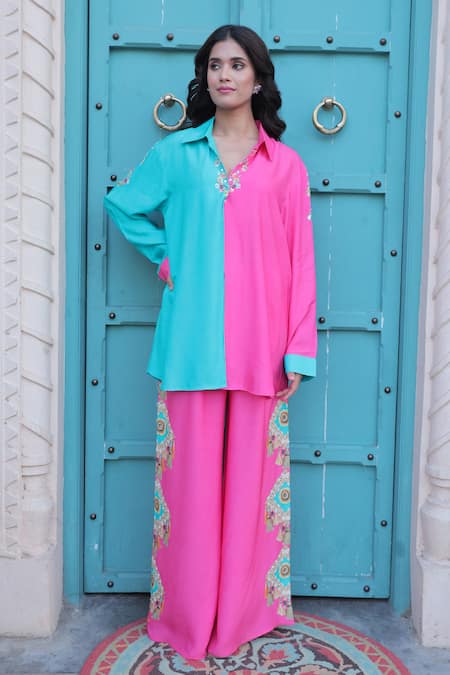 Buy_Surkh Syahi_Aqua Cotton, Muslin Embroidery Collared Banjara Co-ord Pant Set _Online_at_Aza_Fashions