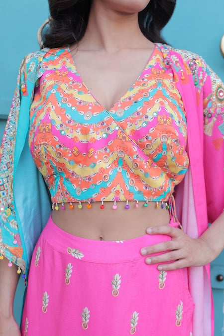 Surkh Syahi_Aqua Cotton, Muslin Embroidery, Beads, Sequins Open Banjara Shrug Co-ord Set _Online_at_Aza_Fashions