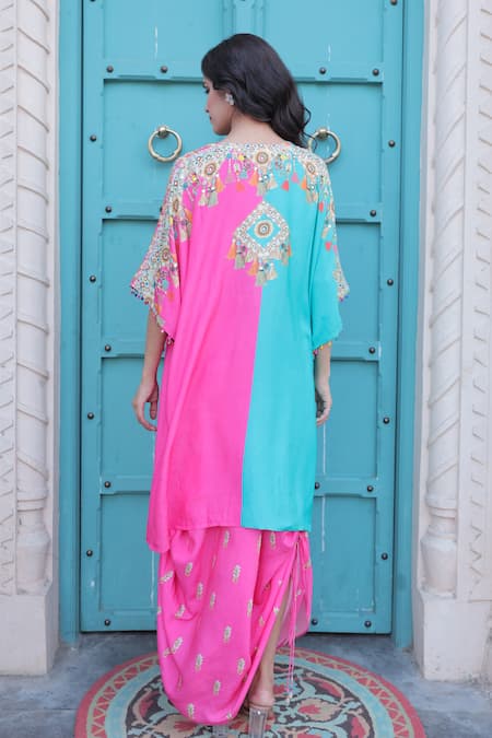 Shop_Surkh Syahi_Aqua Cotton, Muslin Embroidery, Beads, Sequins Open Banjara Shrug Co-ord Set _at_Aza_Fashions