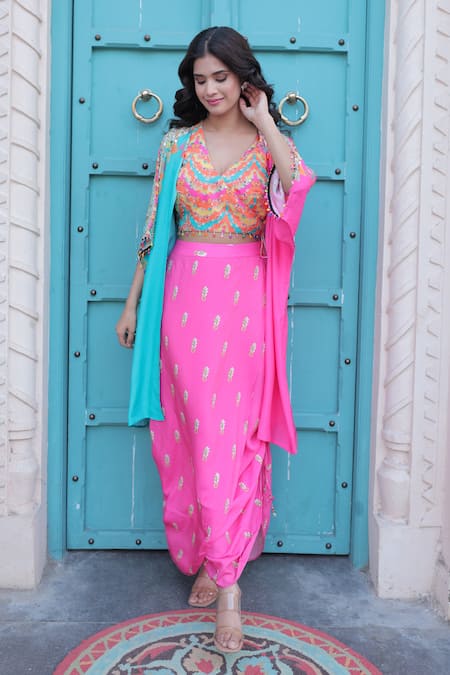 Buy_Surkh Syahi_Aqua Cotton, Muslin Embroidery, Beads, Sequins Open Banjara Shrug Co-ord Set _Online_at_Aza_Fashions