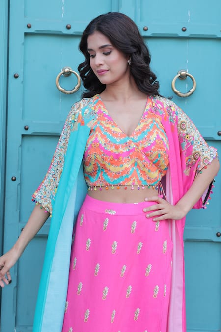 Shop_Surkh Syahi_Aqua Cotton, Muslin Embroidery, Beads, Sequins Open Banjara Shrug Co-ord Set _Online_at_Aza_Fashions