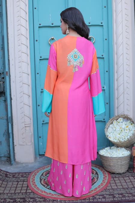 Shop_Surkh Syahi_Aqua Cotton, Muslin Sequins, Tassels V-neck Banjara A-line Kurta Set _at_Aza_Fashions