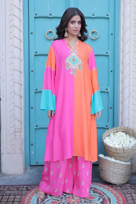 Shop_Surkh Syahi_Aqua Cotton, Muslin Sequins, Tassels V-neck Banjara A-line Kurta Set _Online_at_Aza_Fashions