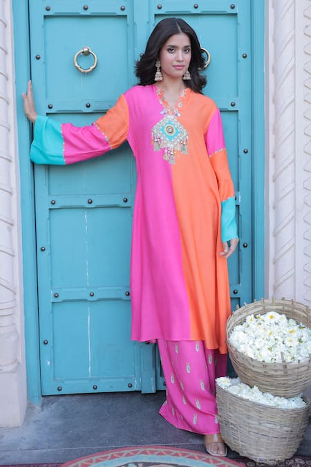 Surkh Syahi_Aqua Cotton, Muslin Sequins, Tassels V-neck Banjara A-line Kurta Set _at_Aza_Fashions