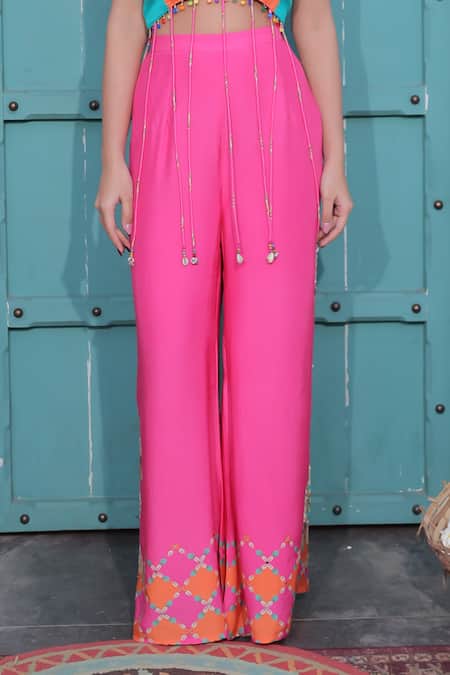 Surkh Syahi_Aqua Cotton, Muslin Beads, Tassels Round Neck Banjara Co-ord Pant Set _Online_at_Aza_Fashions