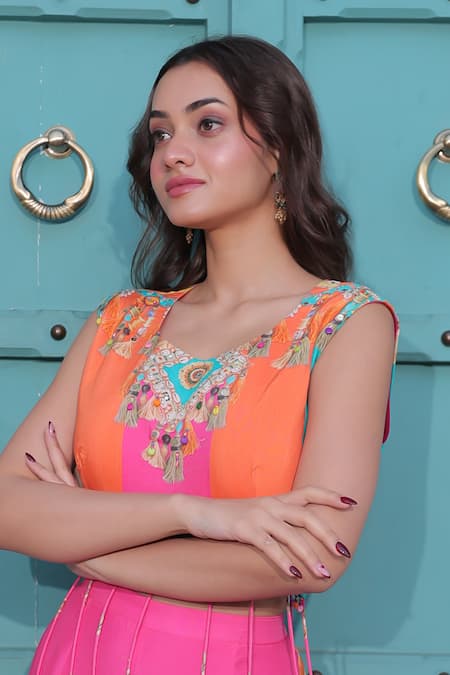 Buy_Surkh Syahi_Aqua Cotton, Muslin Beads, Tassels Round Neck Banjara Co-ord Pant Set _Online_at_Aza_Fashions