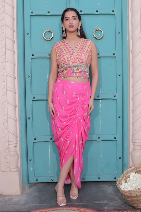 Buy_Surkh Syahi_Magenta Cotton Embroidery, Zari V-neck Banjara Co-ord Skirt Set _Online_at_Aza_Fashions