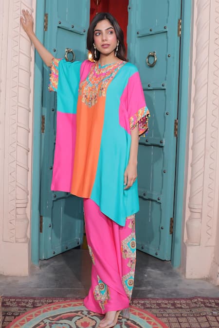 Buy_Surkh Syahi_Aqua Cotton, Muslin Embroidery Round Neck Banjara Colorblock Kaftan With Pant _Online_at_Aza_Fashions