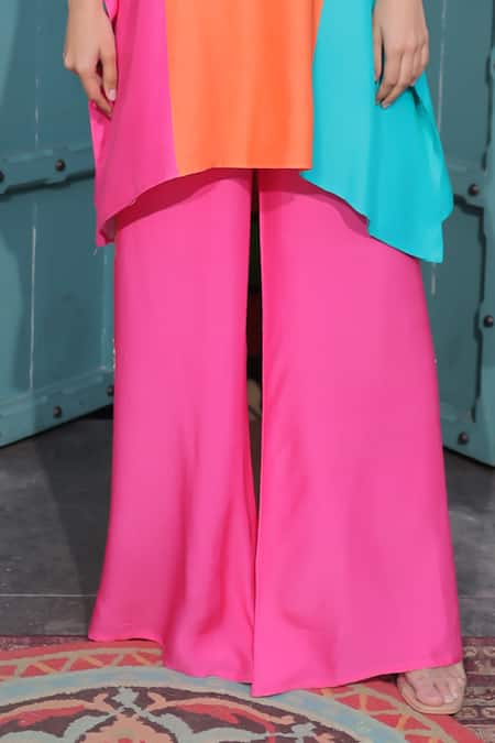 Surkh Syahi_Aqua Cotton, Muslin Embroidery Round Neck Banjara Colorblock Kaftan With Pant _at_Aza_Fashions