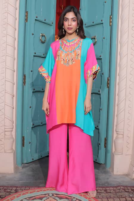 Buy_Surkh Syahi_Aqua Cotton, Muslin Embroidery Round Neck Banjara Colorblock Kaftan With Pant 