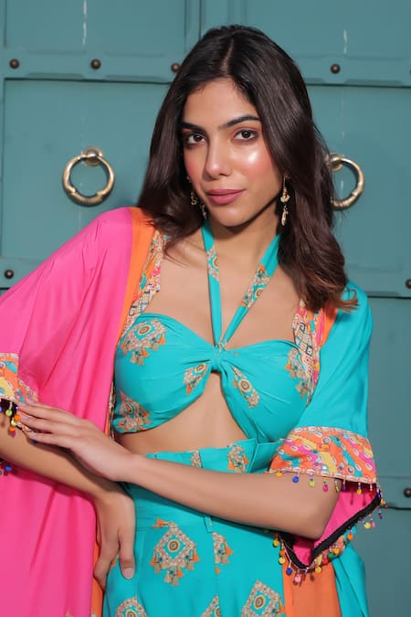Surkh Syahi_Aqua Cotton, Muslin Beads Open , Halter Banjara Co-ord Pant Set _Online_at_Aza_Fashions