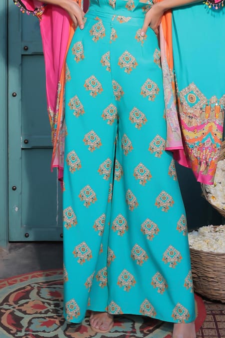 Shop_Surkh Syahi_Aqua Cotton, Muslin Beads Open , Halter Banjara Co-ord Pant Set _Online_at_Aza_Fashions
