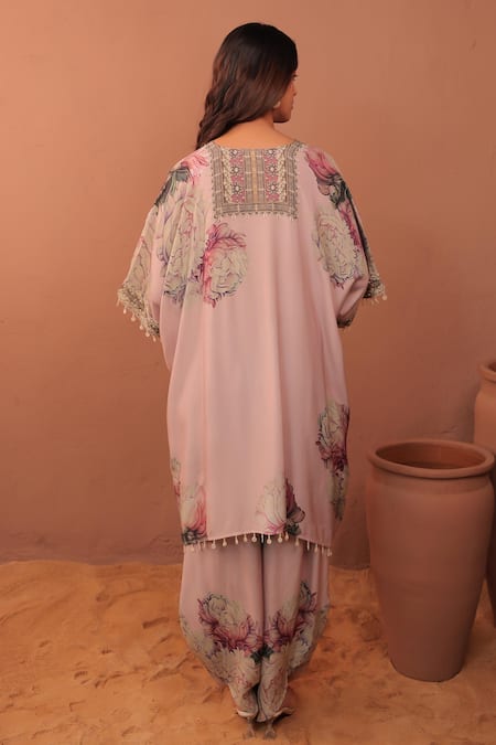 Shop_Surkh Syahi_Mauve Cotton Embroidery V-neck Carnation Crush Kaftan Set _at_Aza_Fashions