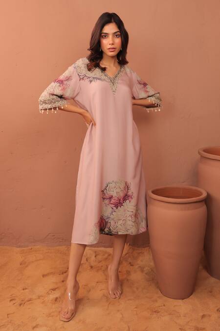 Surkh Syahi_Mauve Cotton, Muslin Embroidery V-neck Carnation Crush Dress _Online_at_Aza_Fashions