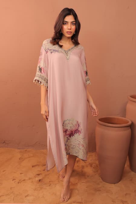 Buy_Surkh Syahi_Mauve Cotton, Muslin Embroidery V-neck Carnation Crush Dress _Online_at_Aza_Fashions