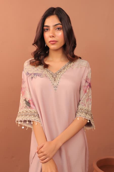 Shop_Surkh Syahi_Mauve Cotton, Muslin Embroidery V-neck Carnation Crush Dress _Online_at_Aza_Fashions