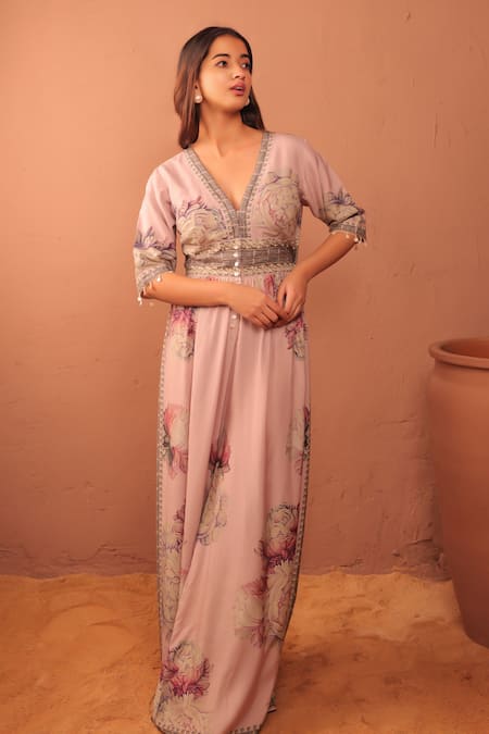 Surkh Syahi_Mauve Cotton, Muslin Embroidery V-neck Carnation Crush Jumpsuit _Online_at_Aza_Fashions